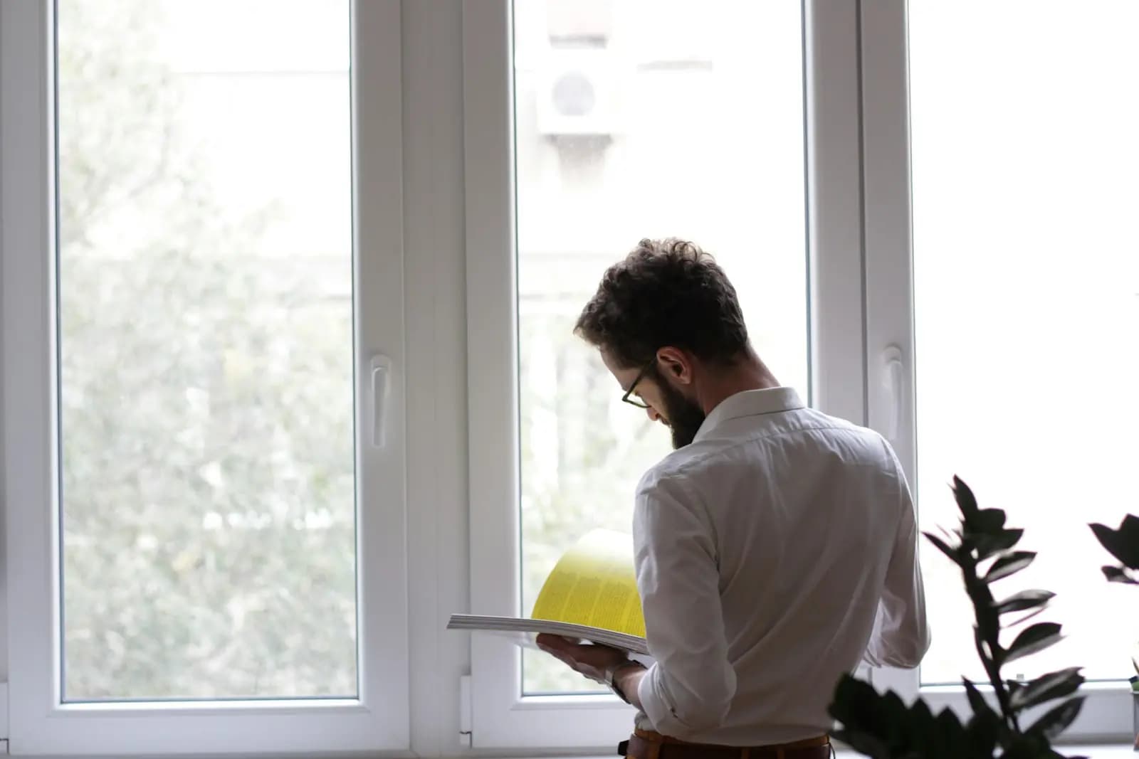 Landlord reading paperwork by a window