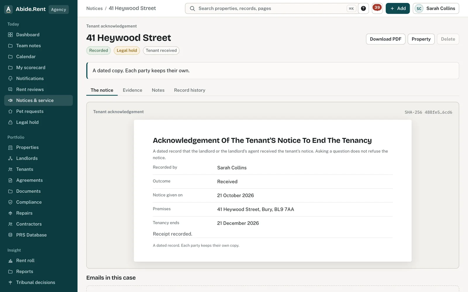 Tenant acknowledgement