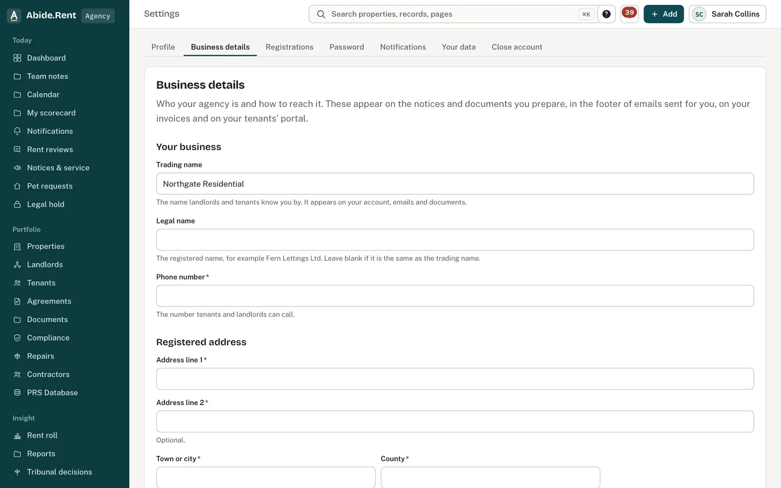 Business details form