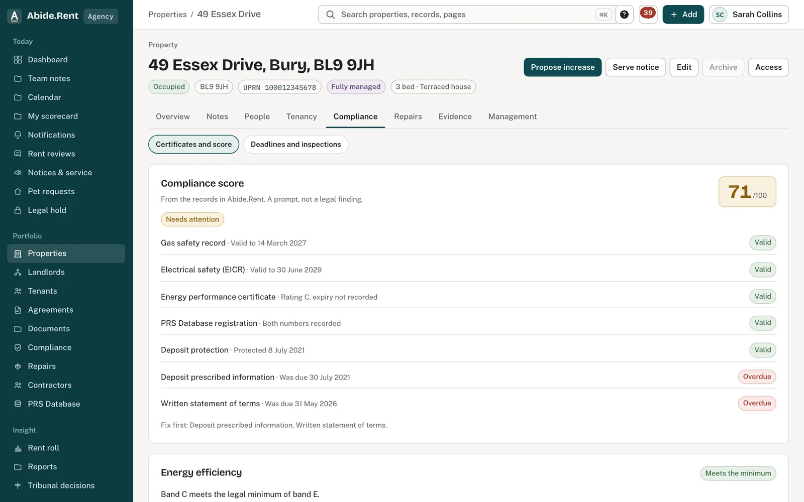 Property compliance score