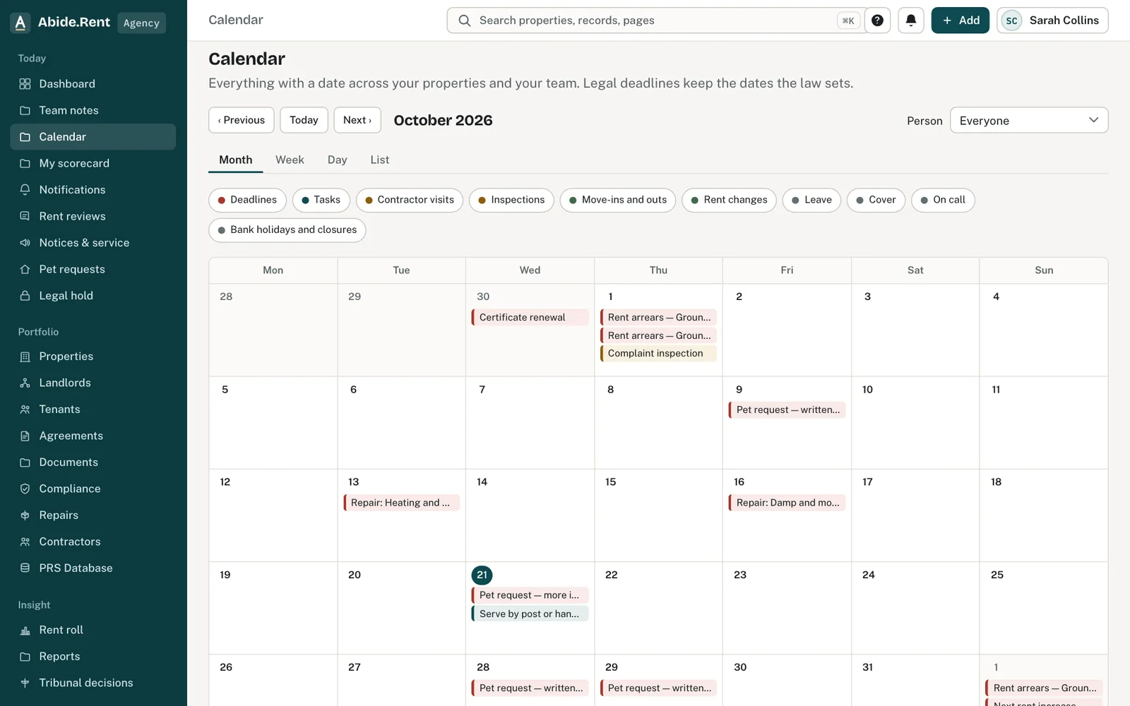 Calendar of deadlines