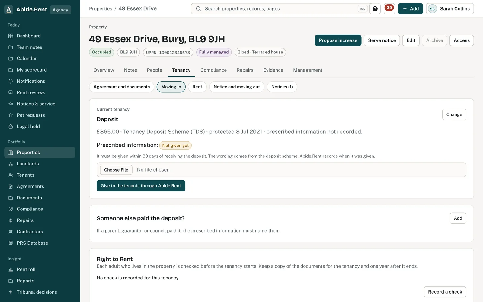 Deposit on the moving-in tab