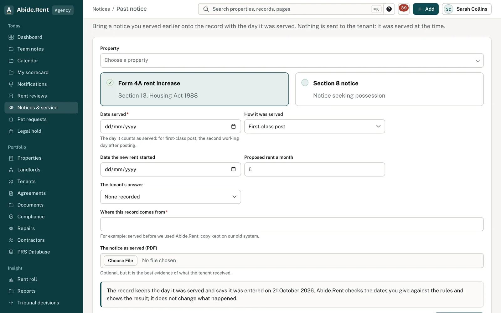Record a past notice